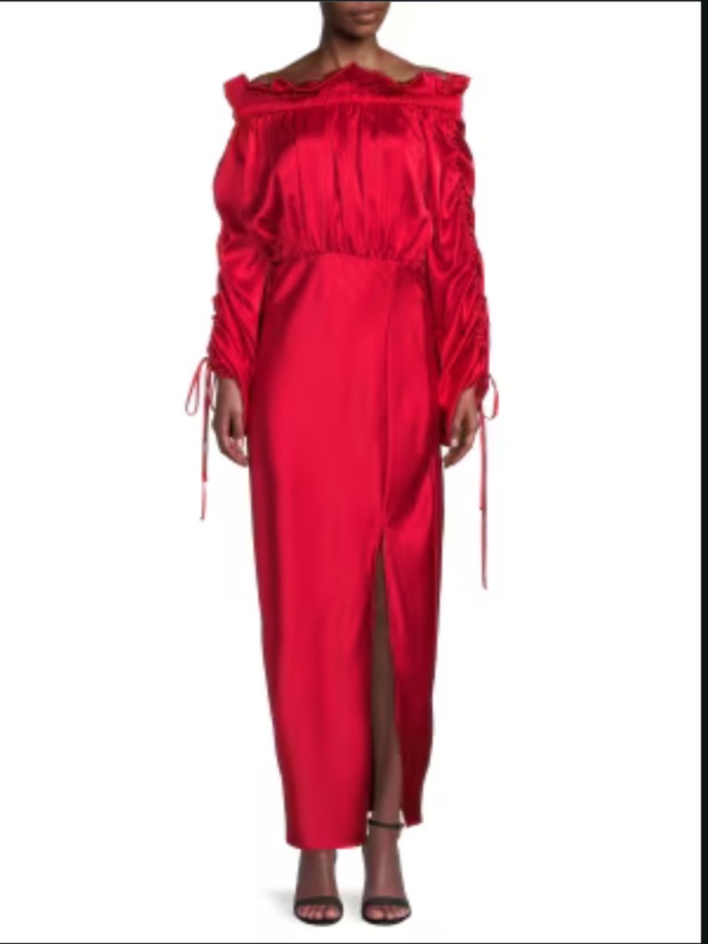Satin Off Shoulder
Dress with Ruched
Sleeve and Slit